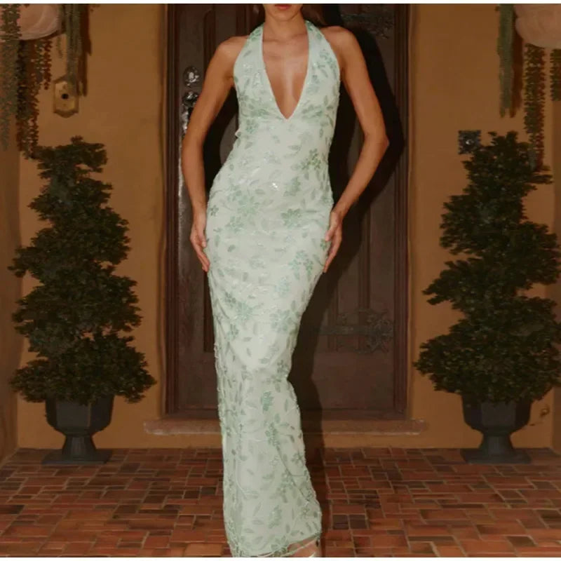 Abito da festa lungo ricamato da donna elegante Abito da festa femminile senza maniche con scollo all'americana sottile Abiti da festa estivi da donna