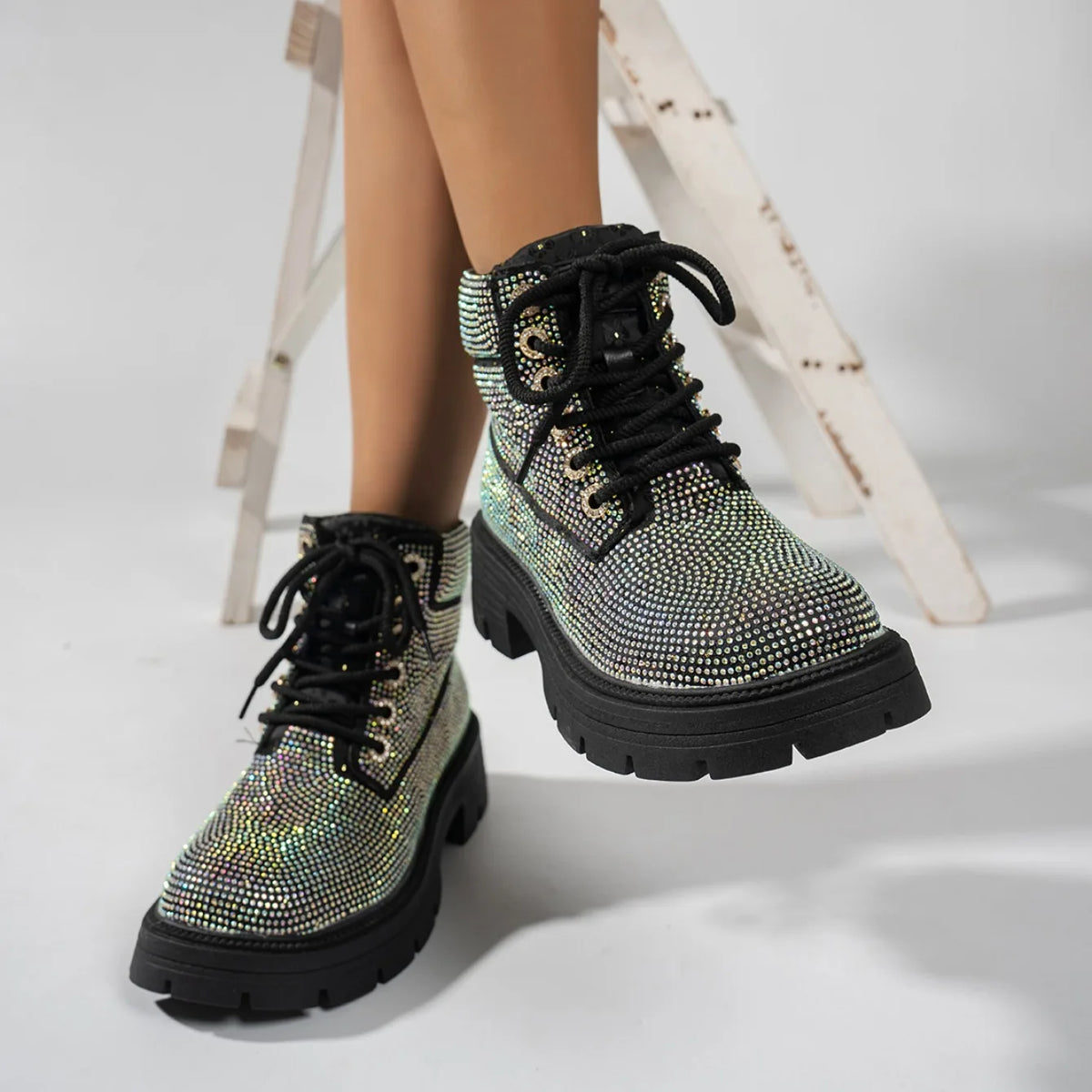 Stivaletti da Donna 2026 di Lusso con Strass e Lacci, Nuovi, Punta Tonda, Suola Spessa, Comodi, Stile Semplice, Scarpe Casual da Donna