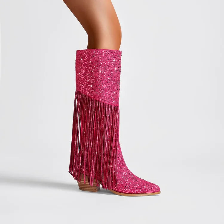 2024 nuovi stivali Chelsea al ginocchio con strass con cerniera nappe a punta moda lucida stivali da donna europei e americani 35-43