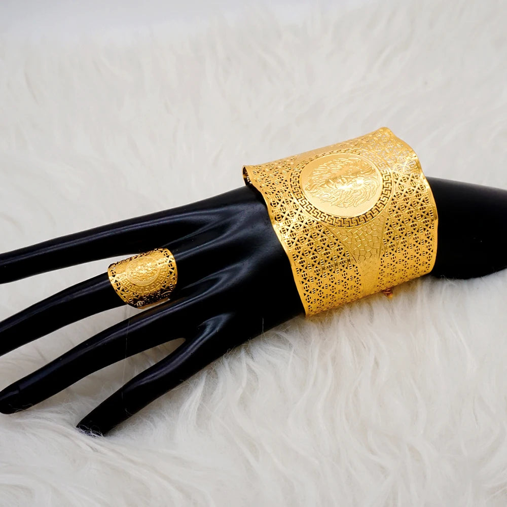 Bracciale color oro Dubai con anello per donna Bracciale con polsino a catena con ciondoli Bracciale indiano Arabo Francia Regali di gioielli da sposa