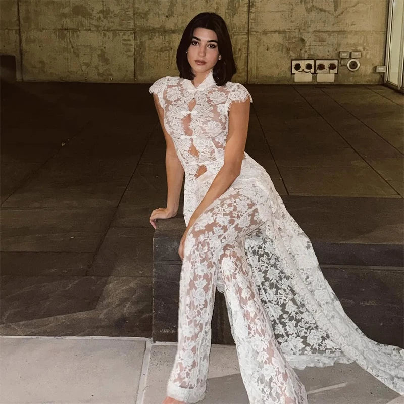 Sexy Hollow Out Women See-through Lace Up Party Dress femminile maniche svasate petto avvolto abiti 2024 Summer Lady Seaside Gowns