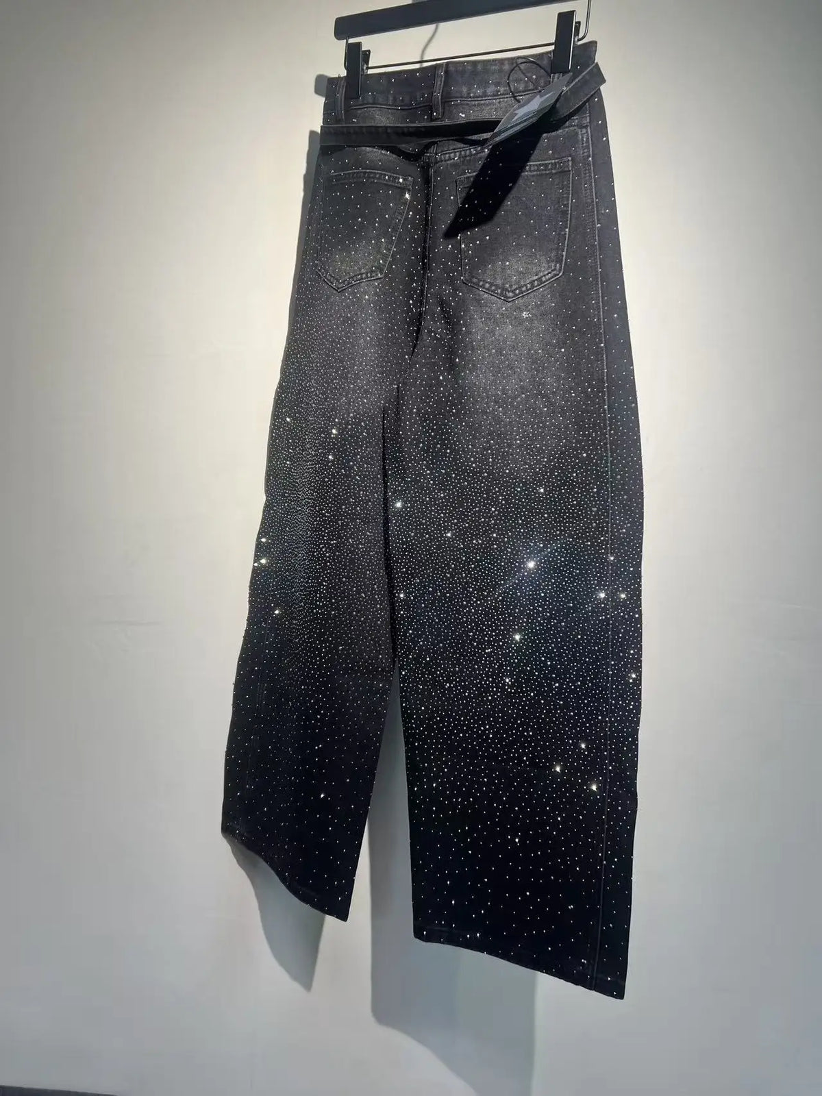 Jeans da Donna a Vita Alta con Strass Sfumati, Gamba Larga, Stile Y2K Vintage, Scintillanti, Baggy, in Denim, Streetwear, Slim Fit