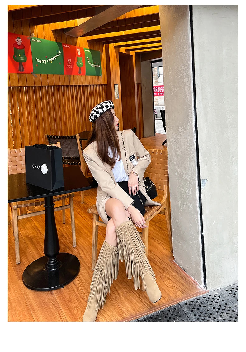 2022 primavera nuovo tacco alto con scollo a v con frange stivali da donna punta tonda impermeabile moda Sexy Set di piedi stivali da principessa