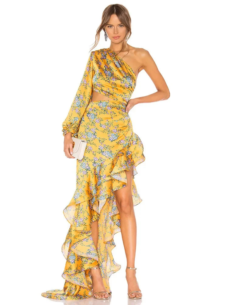 Abito Elegante e Sexy con Stampa Floreale, Orlo Asimmetrico, Collo Alto, Maniche a Palloncino, Lunghezza al Ginocchio