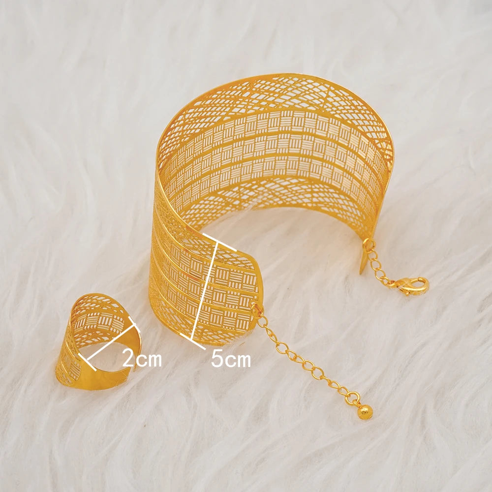 Bracciale color oro Dubai con anello per donna Bracciale con polsino a catena con ciondoli Bracciale indiano Arabo Francia Regali di gioielli da sposa