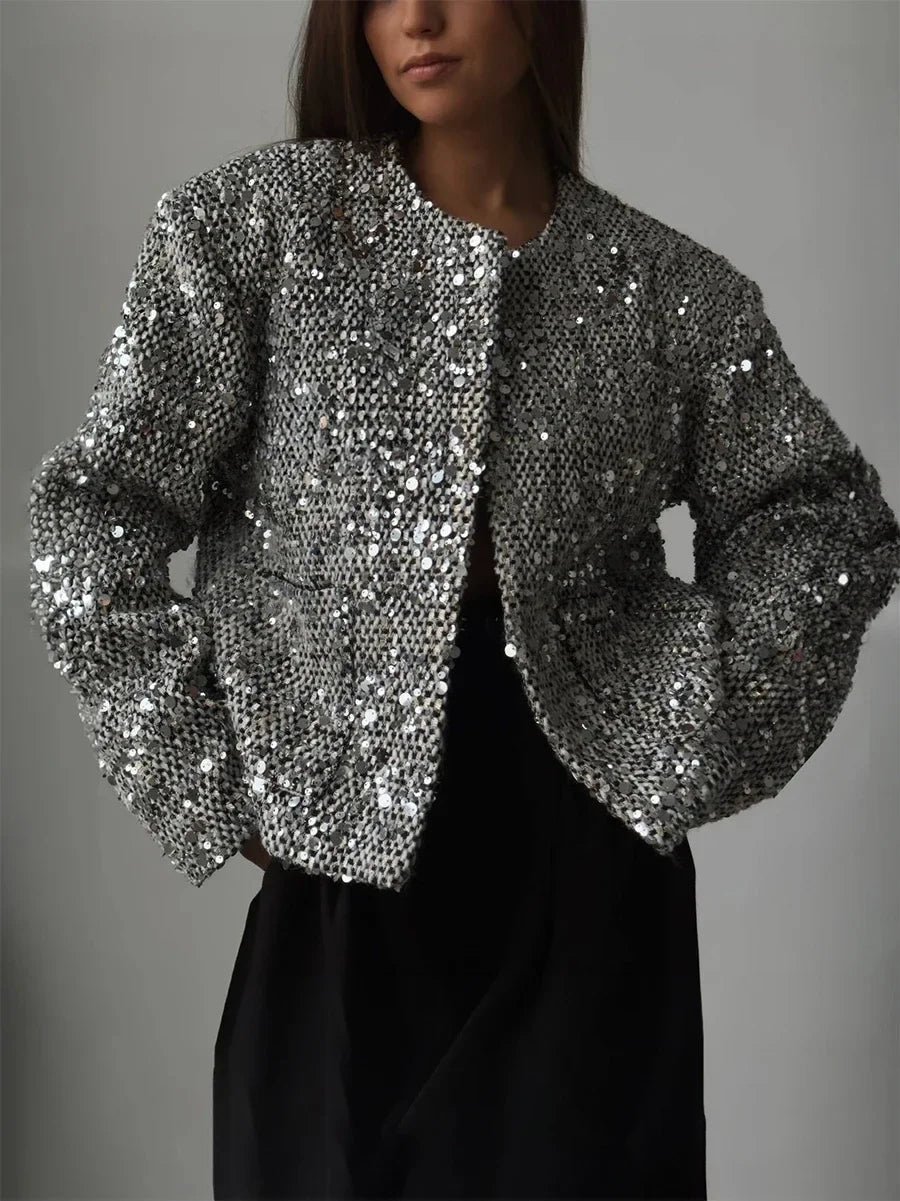 Giacca Corta da Donna Chic con Paillettes Argento, Cardigan Casual con Collo Tondo, Maniche Lunghe e Tasche, Elegante Cappotto Autunnale da Donna