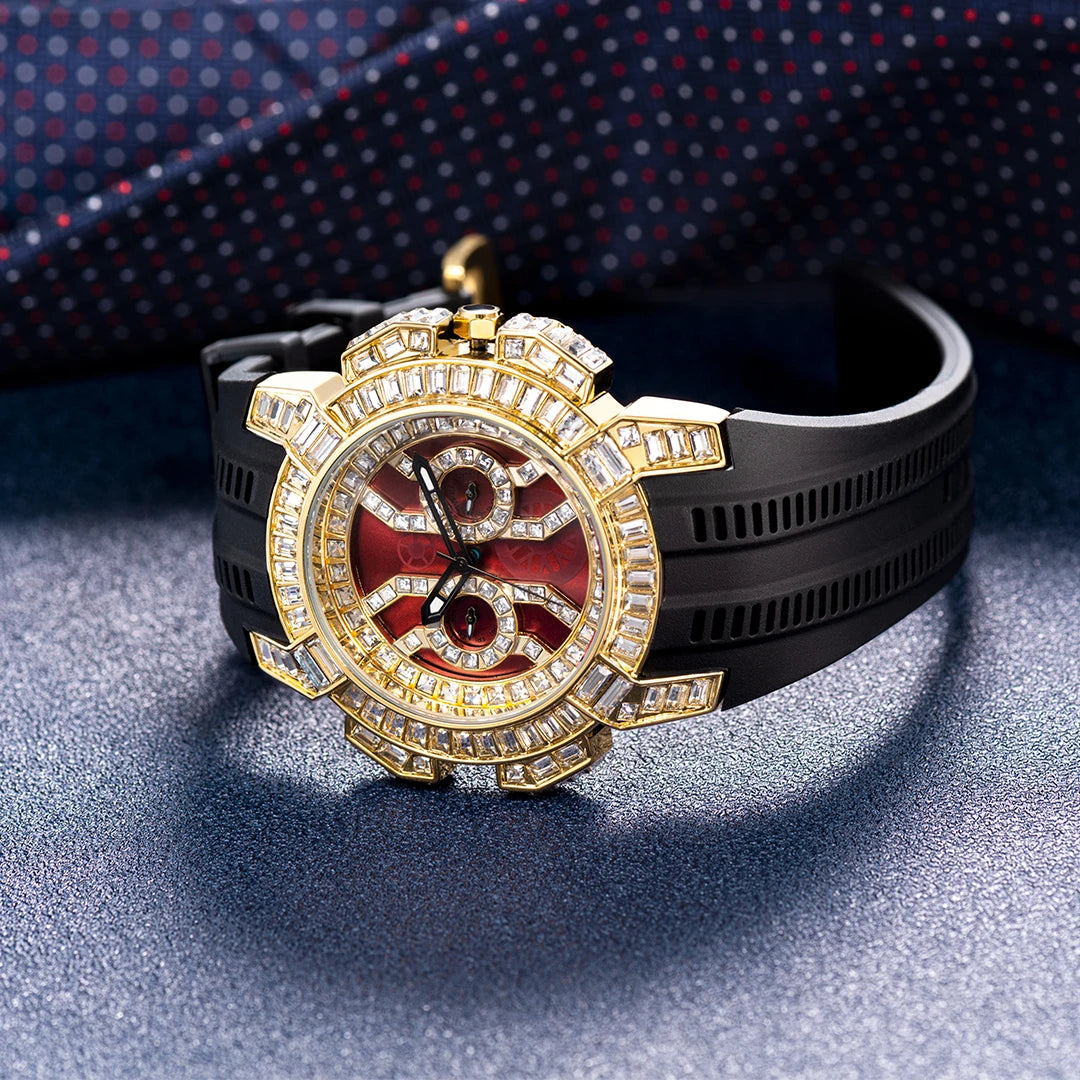 MISSFOX Nuovo Orologio Al Quarzo Rosso Per Gli Uomini di Lusso Hip Hop Streetwear Orologio Impermeabile Orologi Con Diamanti Orologi Da Polso Da Uomo Al Quarzo AAA