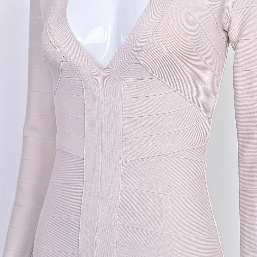 BEAUKEY Abito da Sera Sexy Mini con Scollo a V Profondo e Maniche Lunghe Beige, Vestito da Festa con Fasce, Abito da Clubwear Lungo Stile Runway