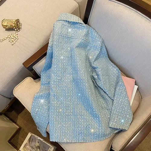 2024 primavera autunno nuovo cappotto donna industria pesante giacca blu femminile amanti della strada moda allentata tasca top camicia giacche