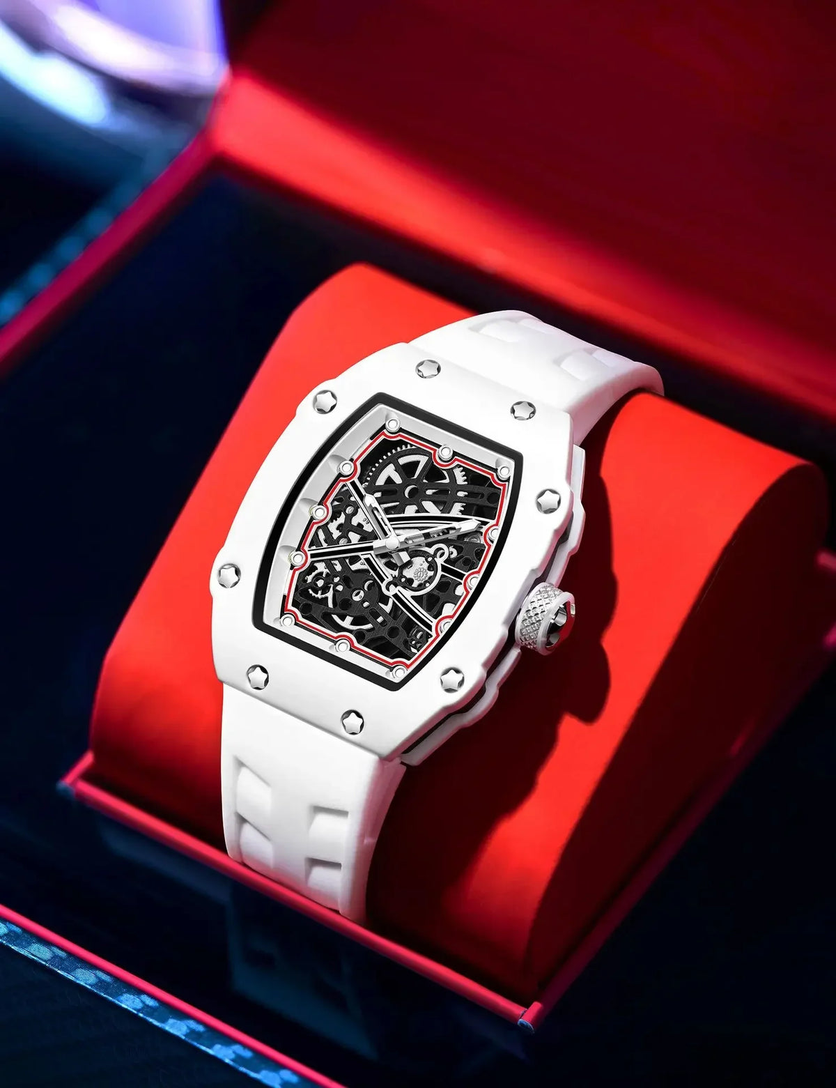 Orologio al Quarzo Ultra-Sottile Tonneau per Uomo, Design Creativo Bianco con Quadrante Cavo, Super Luminoso, Personalizzabile, Orologio AAA Relogio