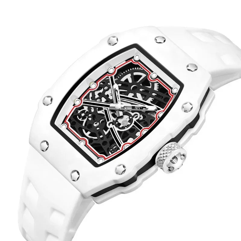 Orologio al Quarzo Ultra-Sottile Tonneau per Uomo, Design Creativo Bianco con Quadrante Cavo, Super Luminoso, Personalizzabile, Orologio AAA Relogio