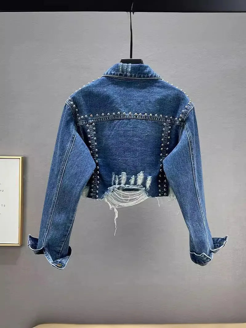 Nuovo Arrivo 2026 SA: Giacca in Denim da Donna, con Rivetti e Strass Incastonati, Effetto Vissuto e Strappato, Stile Streetwear Trendy