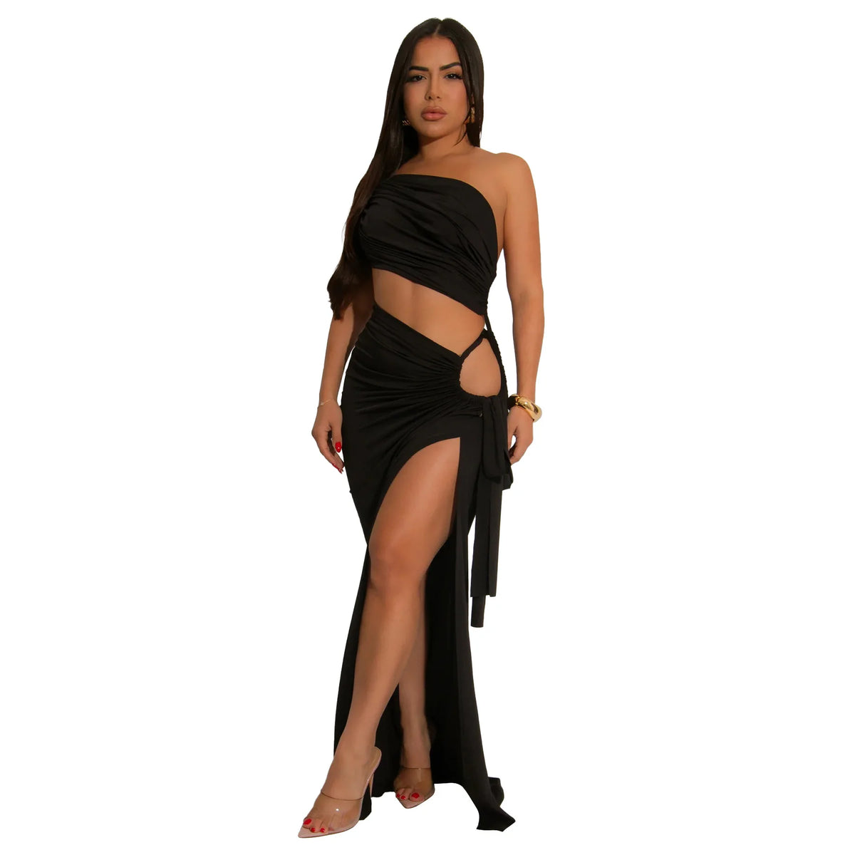 CM.YAYA Donne Senza Maniche Scava Fuori Senza Spalline Aderente Midi Lungo Maxi Vestito 2025 Estate Backless Abiti Da Festa Sexy Abiti