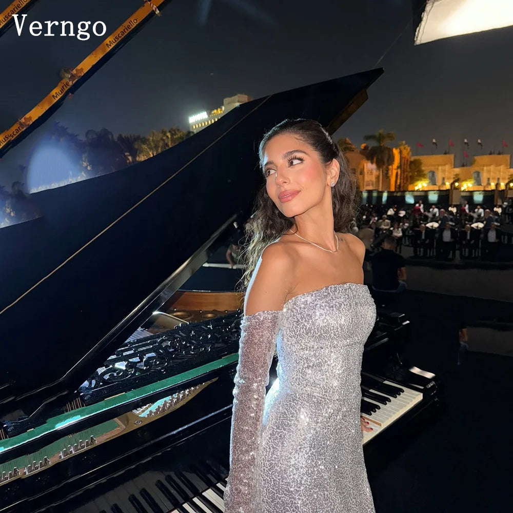 Verngo Abito da sera con paillettes lucide in nastro Guanti da sirena sexy senza spalline Abito da cerimonia formale Maxi abiti da ballo personalizzati