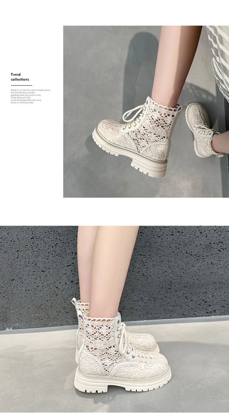 Scarpe Retrò da Donna, Stivali Estivi con Pizzo Traforato, Stivaletti alla Moda con Plateau, Scarpe di Lusso Firmate, Botas Mujer
