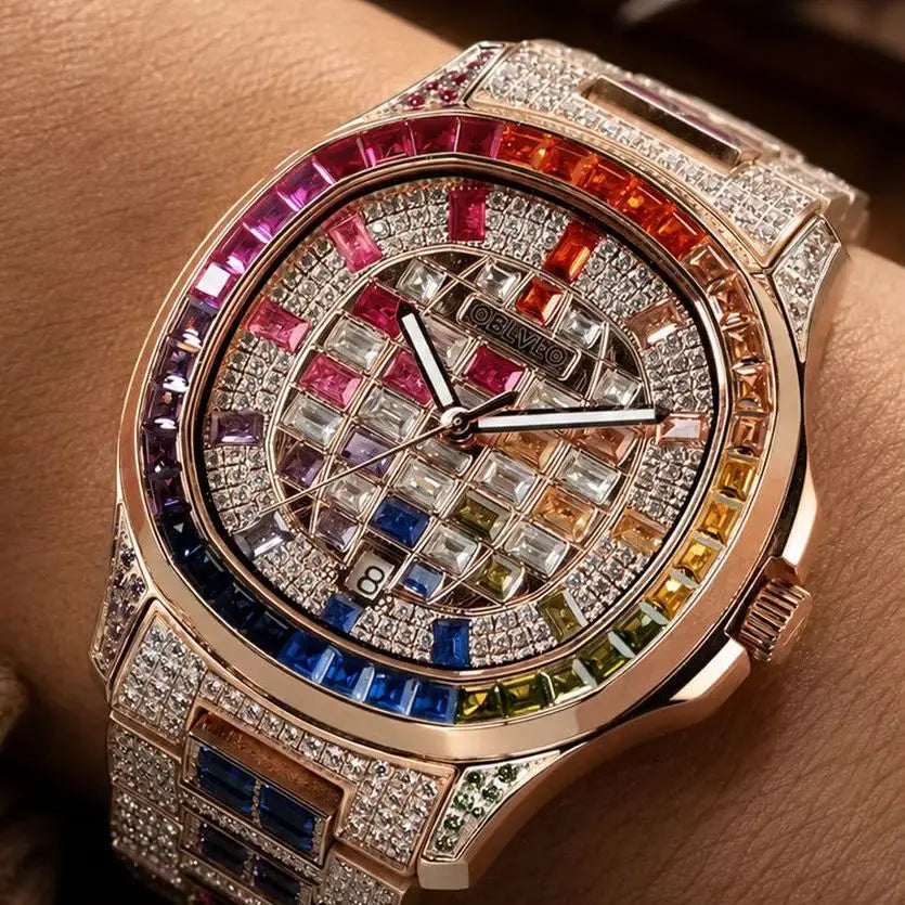 OBLVLO Orologio Automatico da Uomo 40mm Quadrato, Orologio da Polso Meccanico Impermeabile con Quadrante e Cinturino Incastonati di Cristallo, Vetro Zaffiro Luminoso