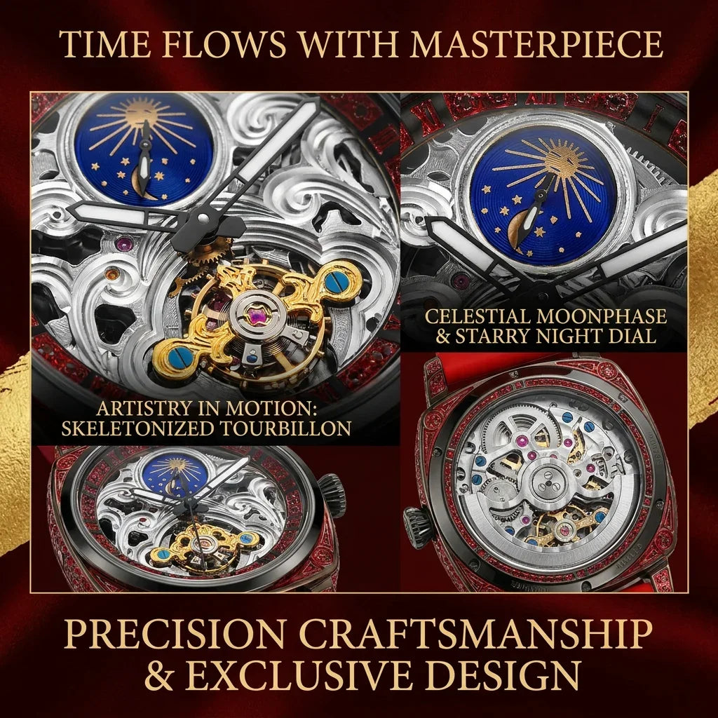 Orologio Meccanico da Uomo con Quadrante Rosso, Cinturino in Lega, Stile Vintage, Dettagli di Lusso, Ideale per Affari, Feste e Vacanze