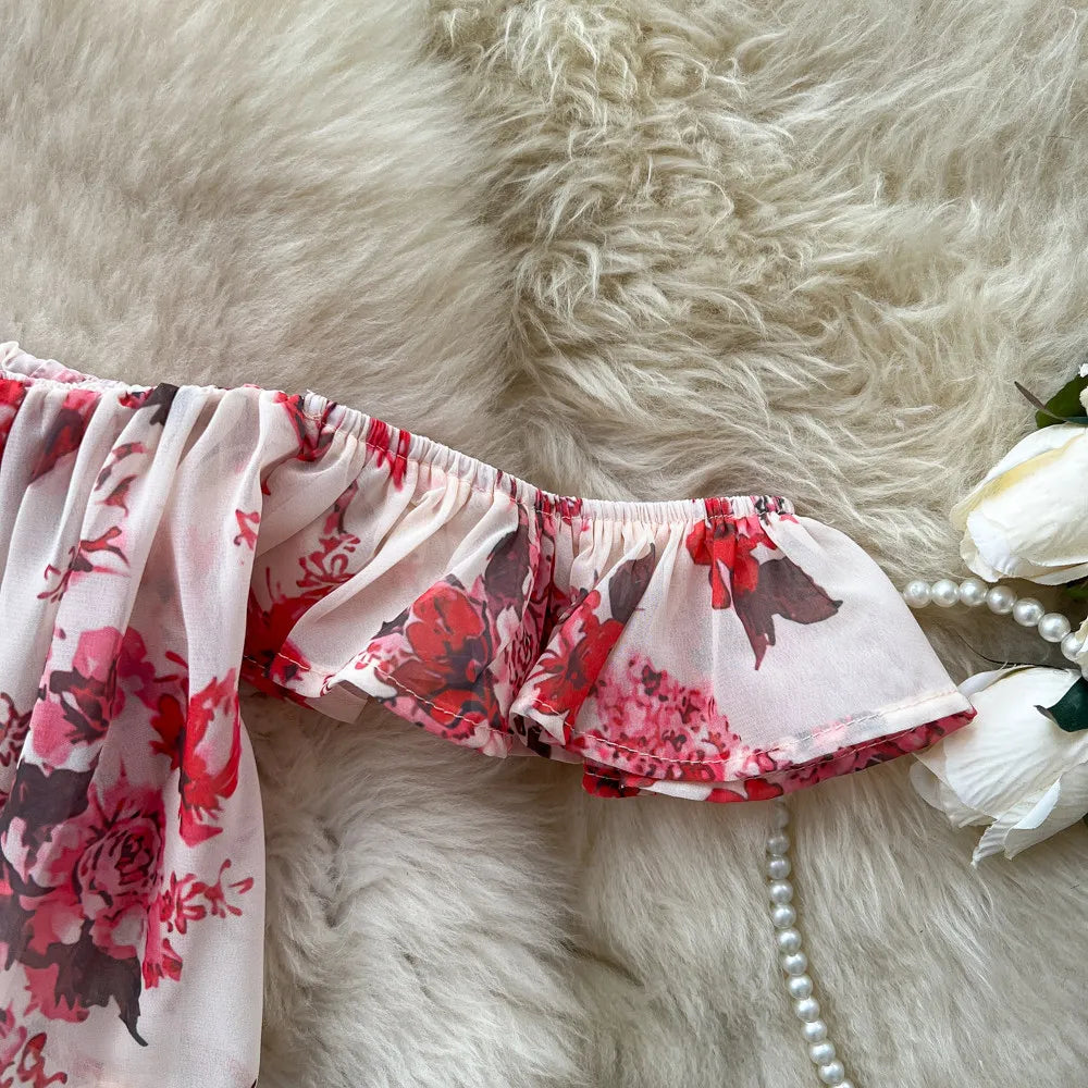 Completo due pezzi da donna: Top stampato floreale con spalle scoperte e gonna lunga a vita alta a trapezio, stile Y2K streetwear elegante e slim fit
