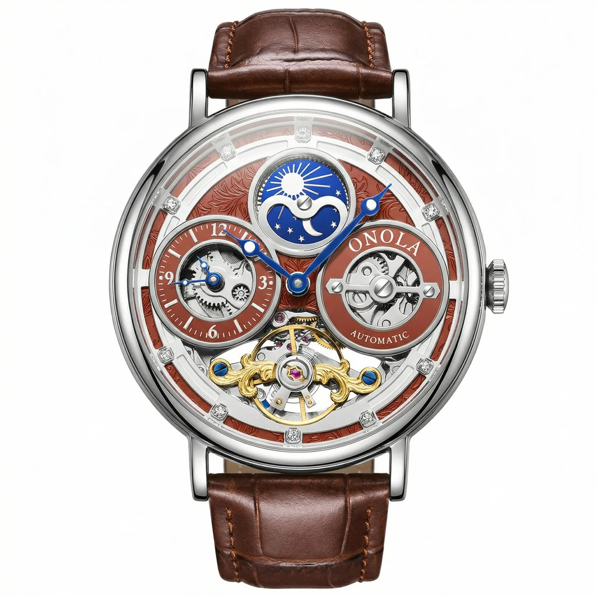 Orologio Meccanico da Uomo ONOLA, Cassa Rotonda, Quadranti Multipli, Quadrante Cavo con Fasi Lunari Giorno Notte, Regalo per Lui