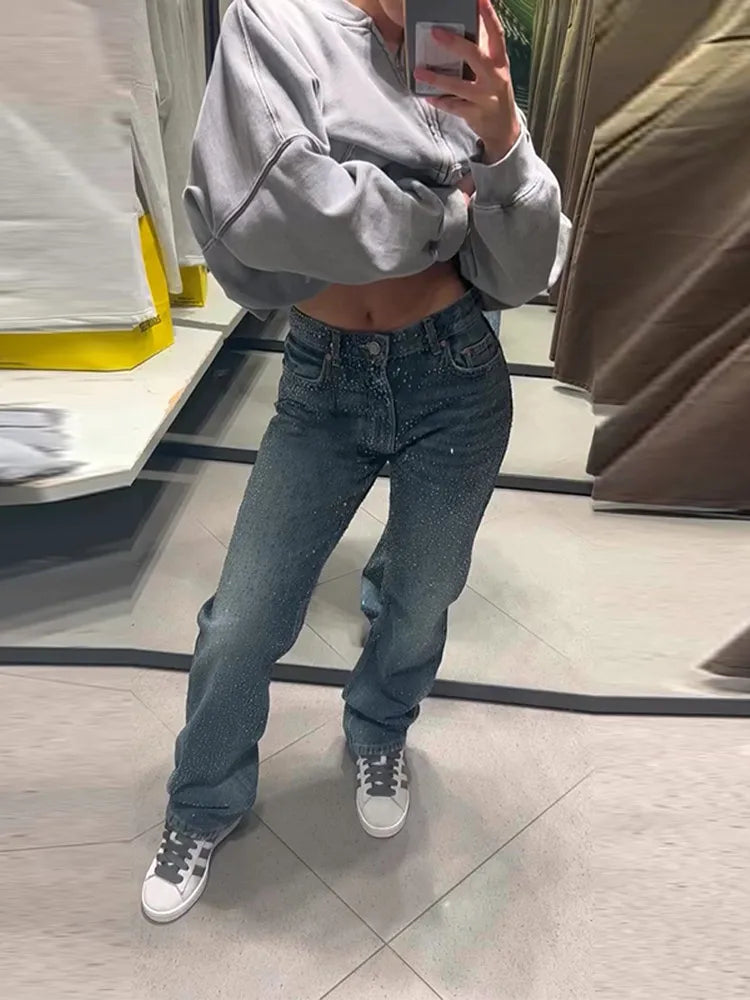 Pantaloni da donna in denim con diamanti chic Tasche a vita media con glitter alla moda Jeans femminili 2025 Pantaloni lunghi da donna di High Street primavera estate