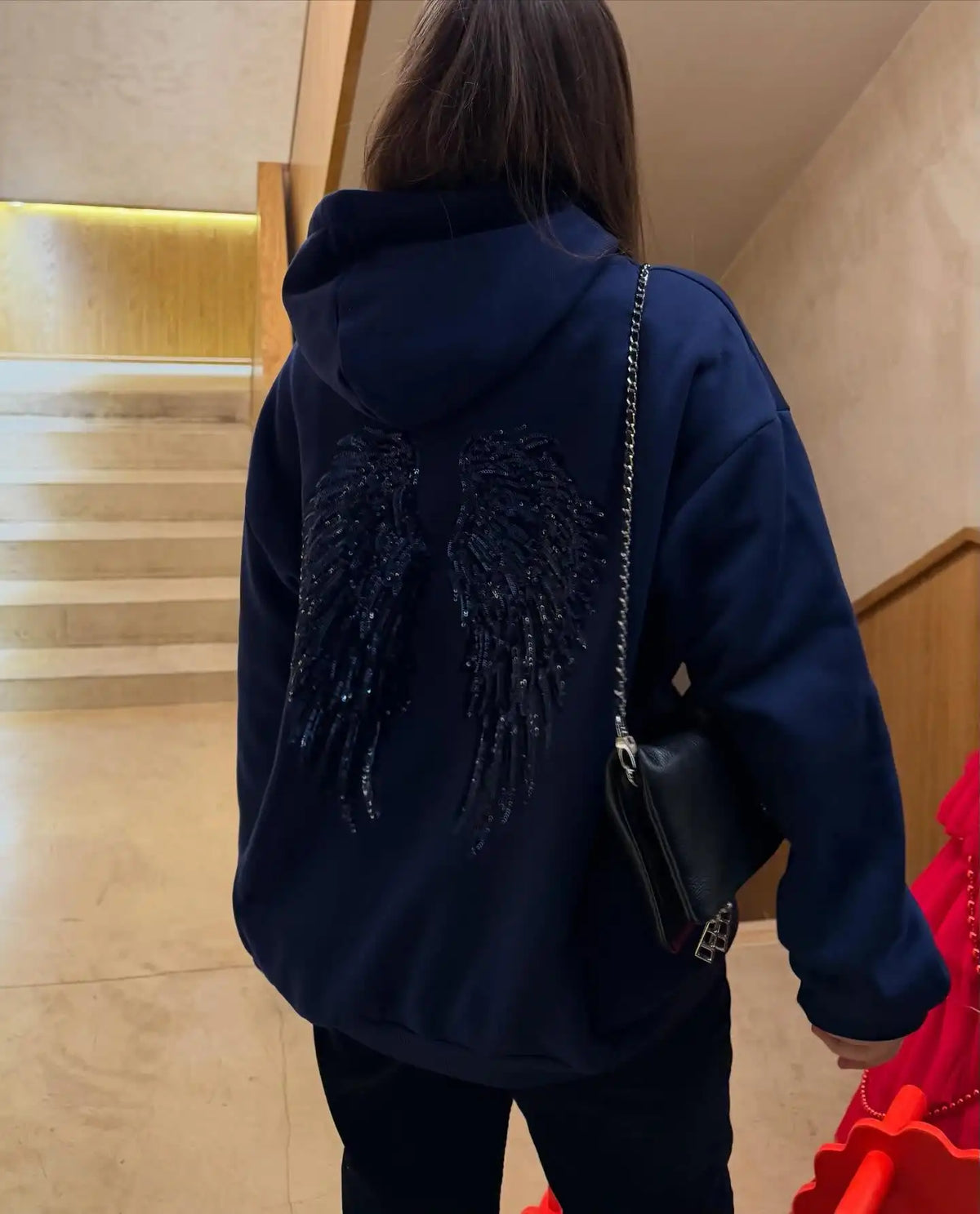 Felpa con cappuccio ricamata con ali con paillettes gotiche Pullover a maniche lunghe larghi oversize da donna Felpe Y2k slim retrò Top vestiti