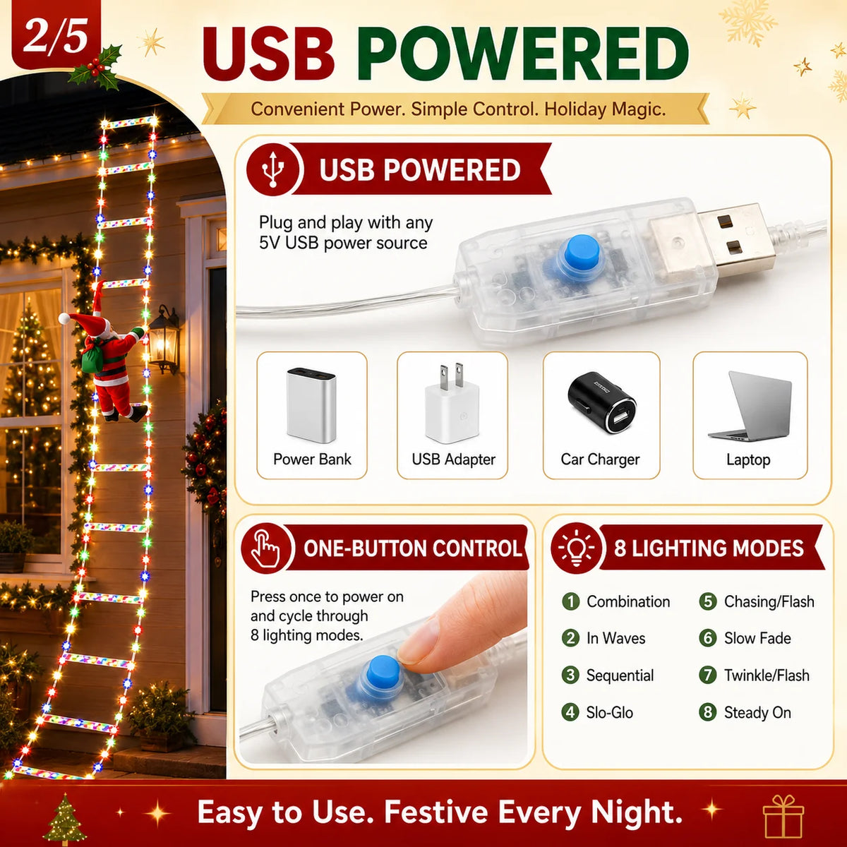 USB Christmas Ladder Lights with Climbing Santa, 8 Modes, Warm White/Colorful, 8/12 Rung LED Holiday Decor