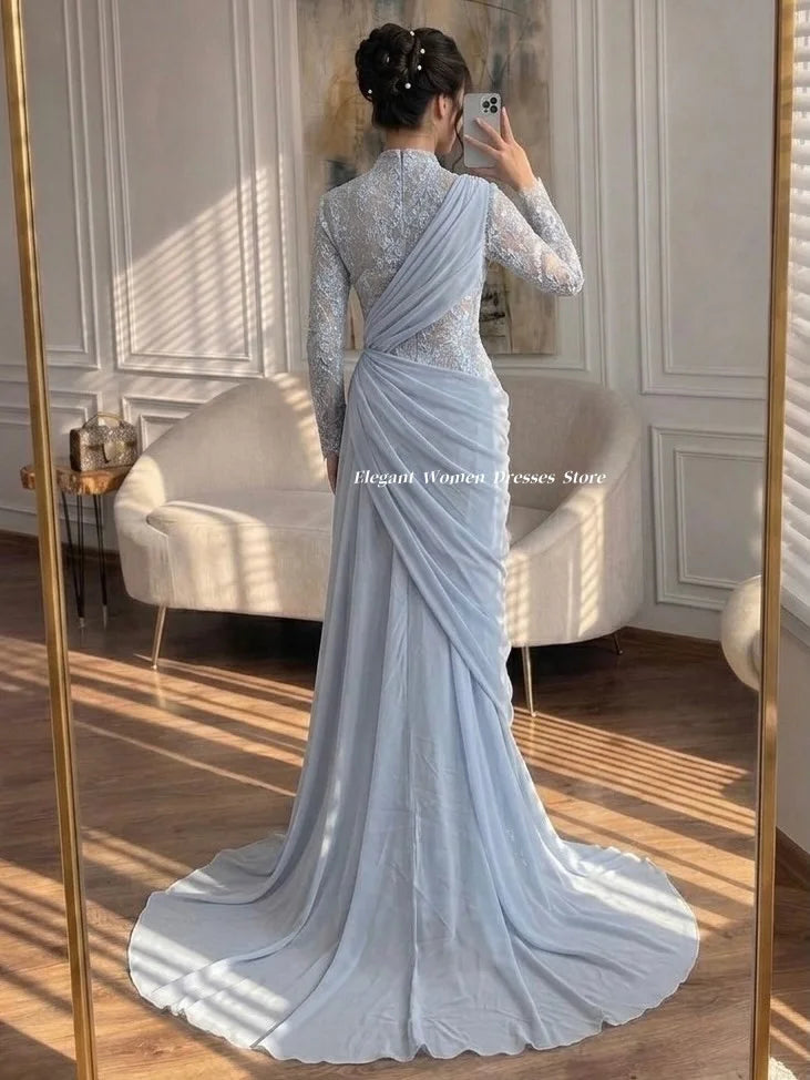 Abiti da Sera 2026 Blu Polvere con Collo Alto, Maniche Lunghe, Pizzo e Perline, Stile Sirena, per Feste Formali e Balli di Gala, Personalizzabili