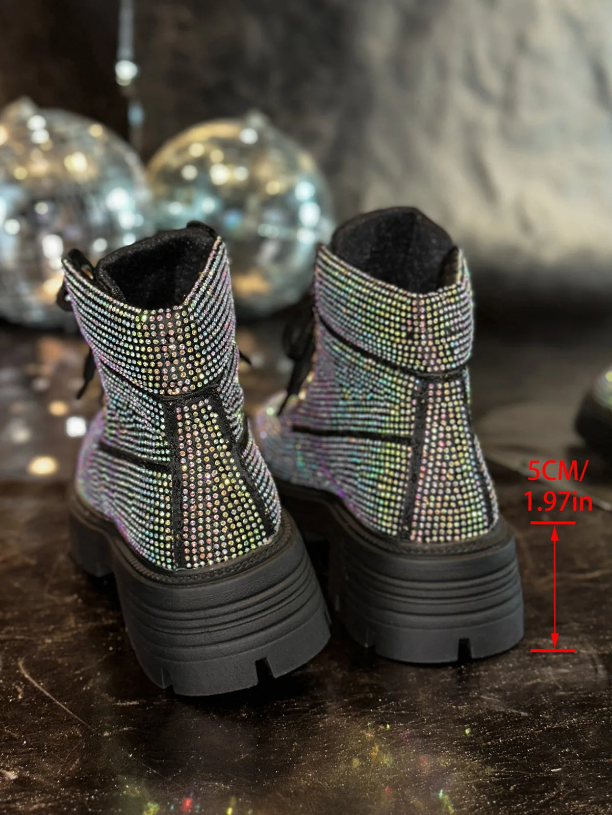 Stivaletti Retrò Autunno Inverno Nuovi con Strass e Lacci Punta Tonda Plateau Scarpe da Donna Taglie Grandi