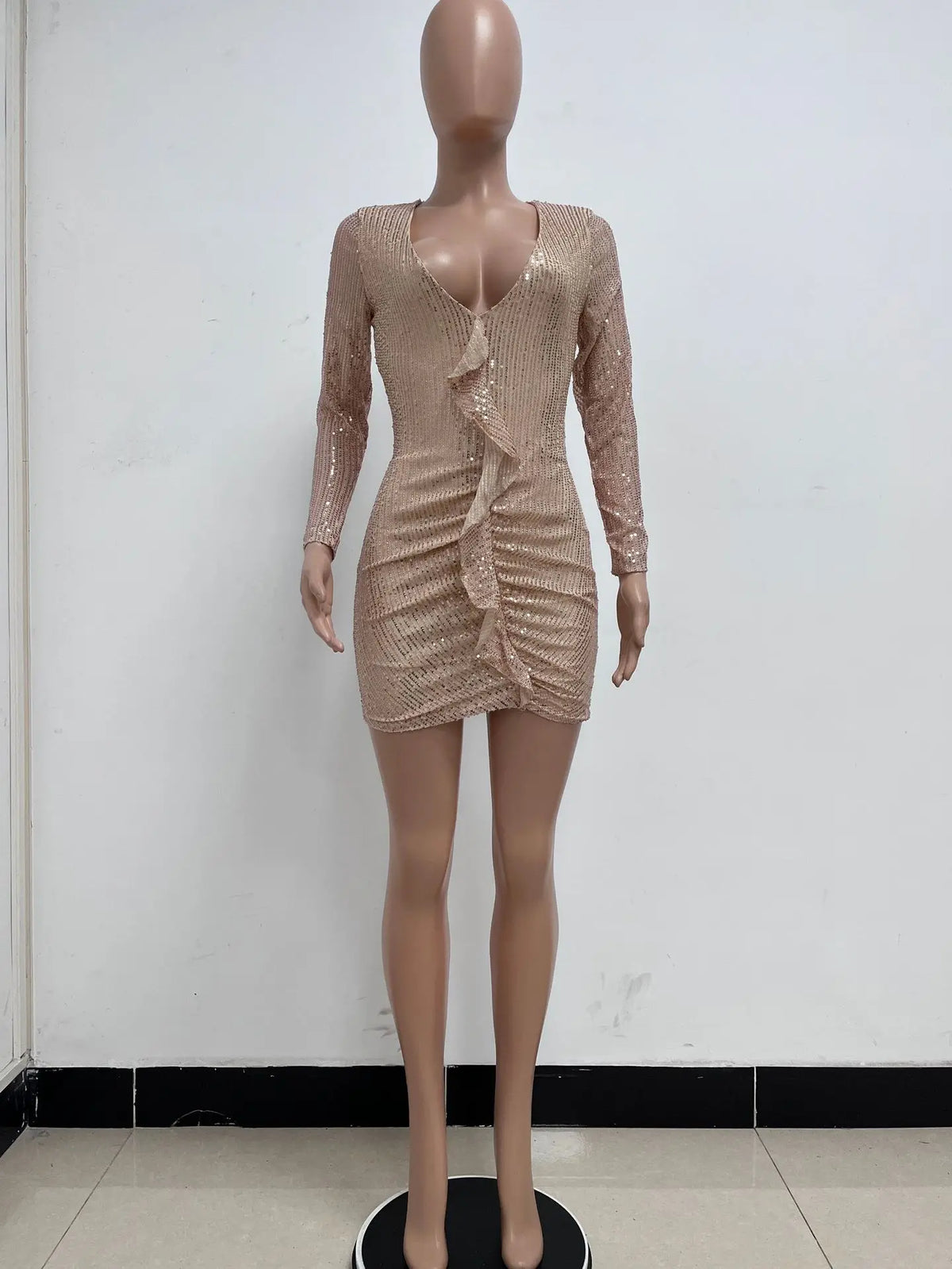 Abito V-link Abiti 2025 Donna Ruffles Maniche lunghe Pieghettato Tinta unita Paillettes Temperamento Sexy Elegante Tinta unita