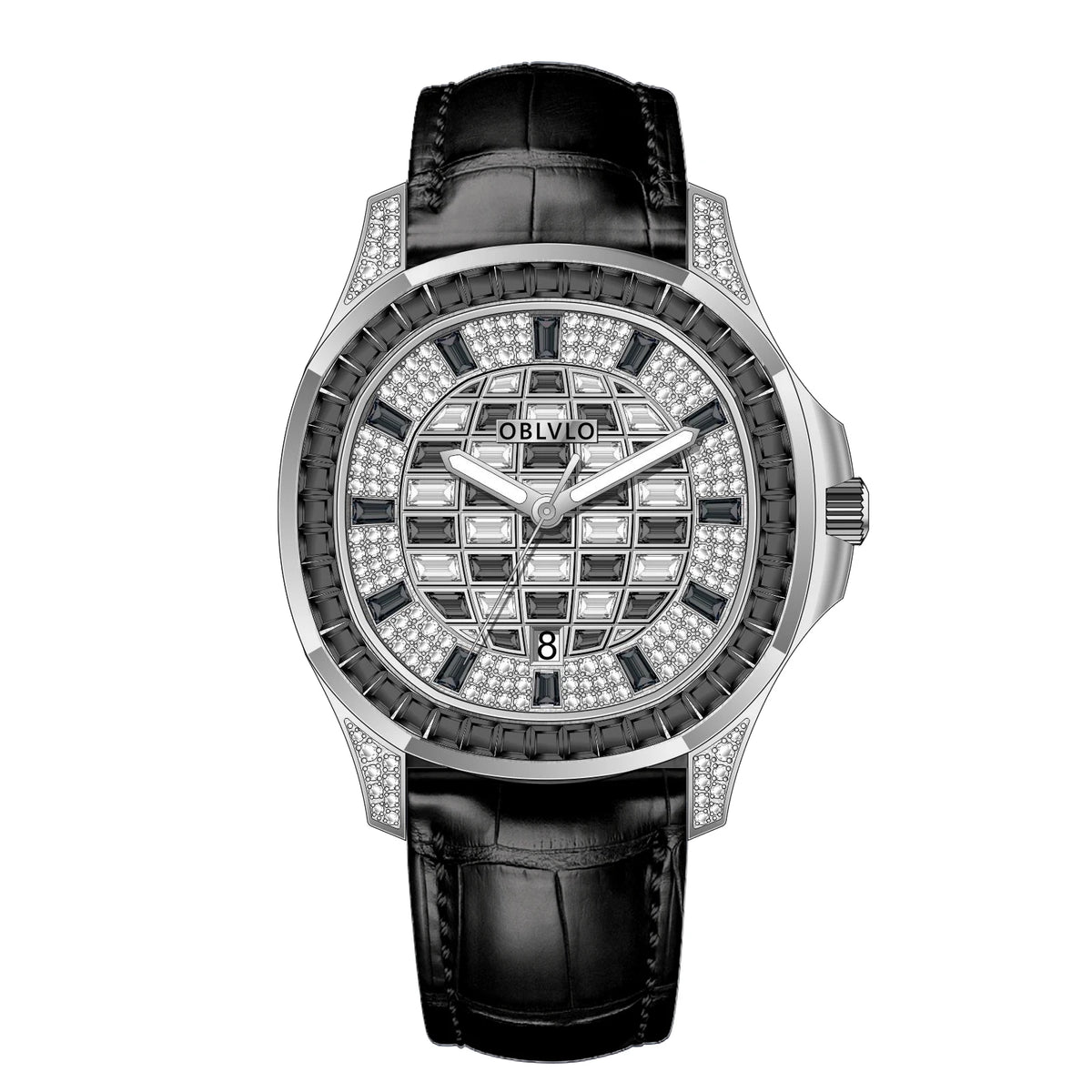 Orologio Quadrato di Lusso da Uomo OBLVLO con Movimento Meccanico Automatico, Diamanti Rosa, Cinturino in Silicone, Impermeabile FM-DSL
