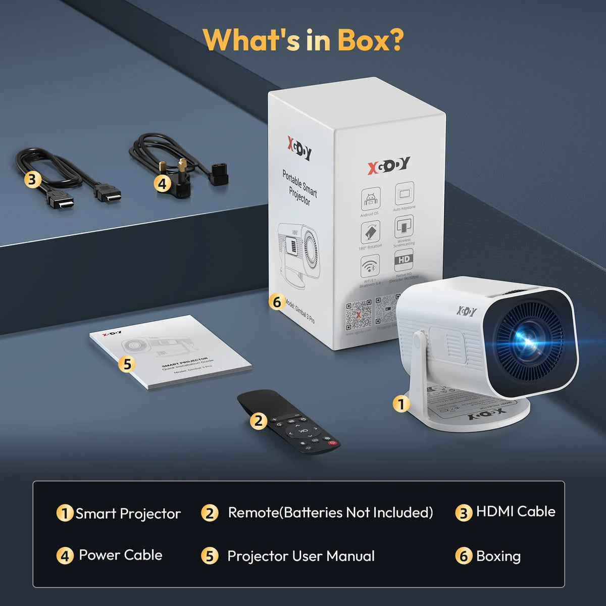 Proyector Xgody Gimbal 3 Pro 4K Wifi6 Android Mini Proyector 300 Ansi Dual Wifi Bt5.4 1280*720P Cine en casa Portátil para exteriores