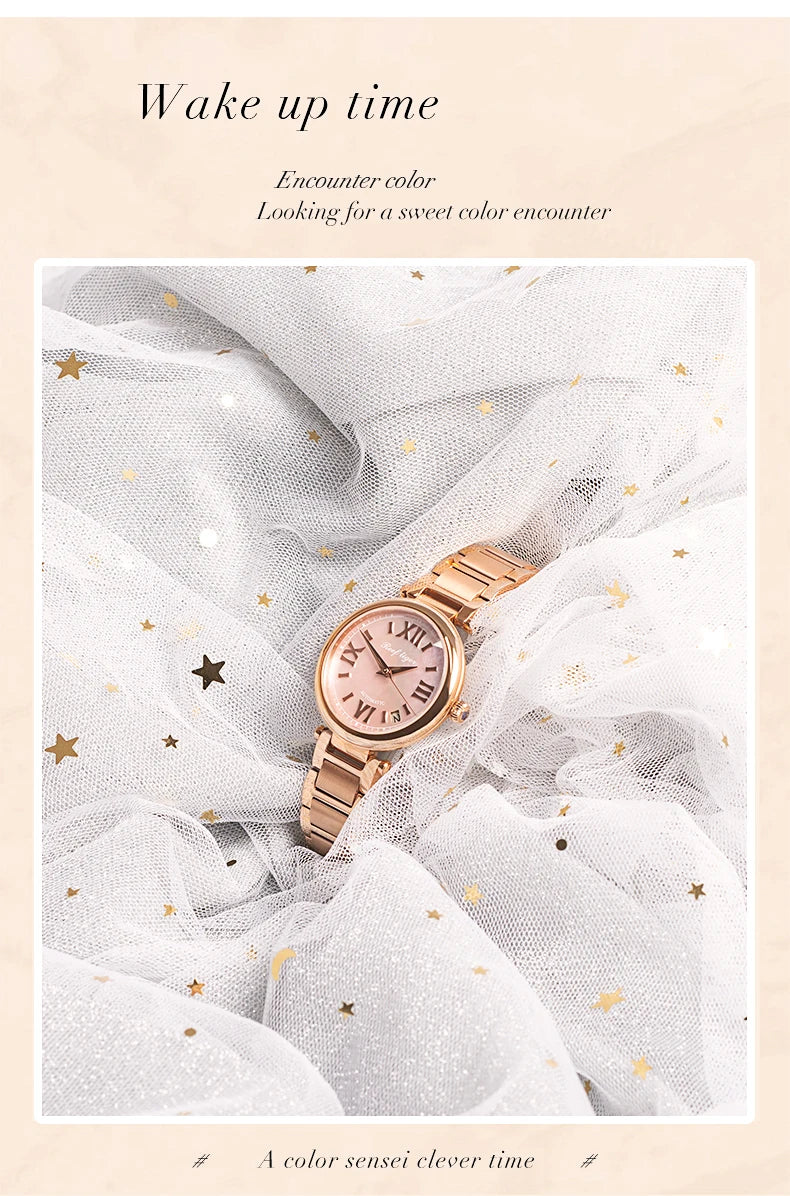 FolliFollie Orologio da donna automatico con quadrante in oro rosa e diamanti con numeri romani, cinturino in pelle, orologio da donna di lusso