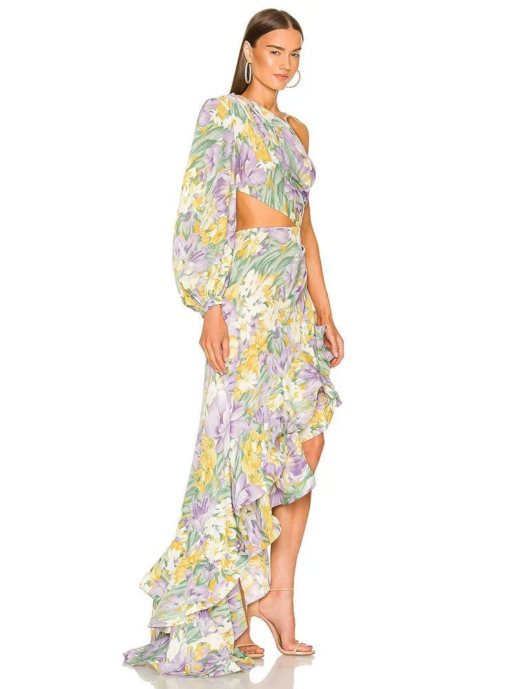 Abito Elegante e Sexy con Stampa Floreale, Orlo Asimmetrico, Collo Alto, Maniche a Palloncino, Lunghezza al Ginocchio