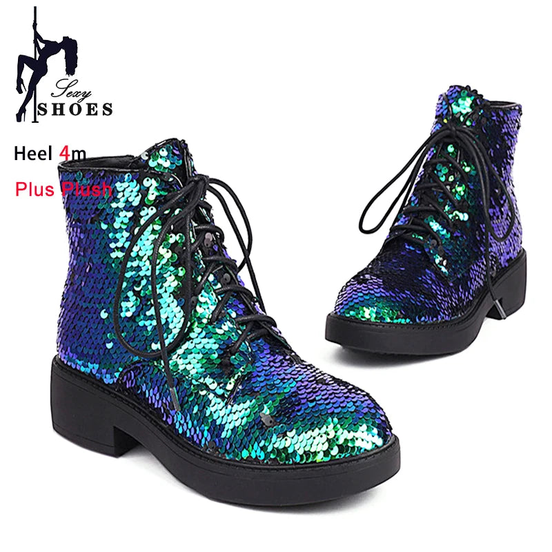 Donna Autunno Inverno Stivaletti 2024 Tendenza Comfort Casual Hip-Hop Scarpe da ballo con paillettes Club Party Donna Stivaletti stringati