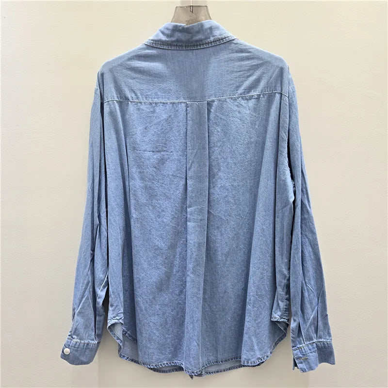 Camicia in denim elegante con paillettes e patchwork in rete, nuovo stile 2026 da donna, design con perline, maniche lunghe, streetwear, blusa ampia con risvolto