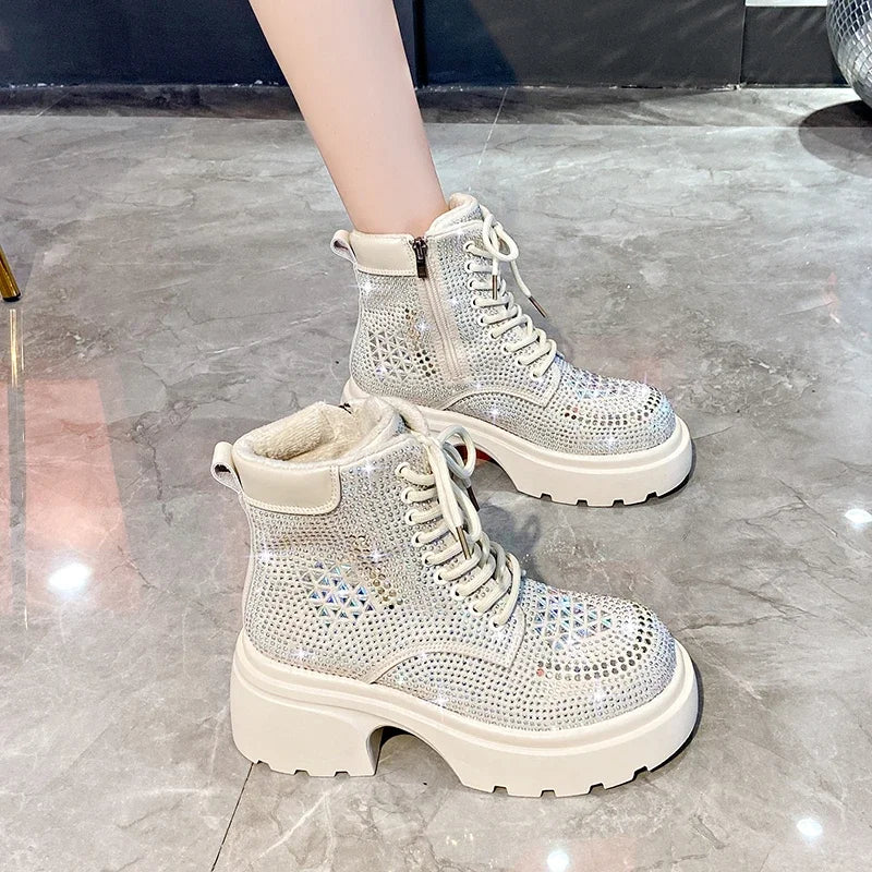 Stivaletti corti con diamanti con paillettes Donna Autunno Inverno Moda di lusso Stivali alti con tacco spesso Stivali stringati Scarpe casual da festa all'aperto
