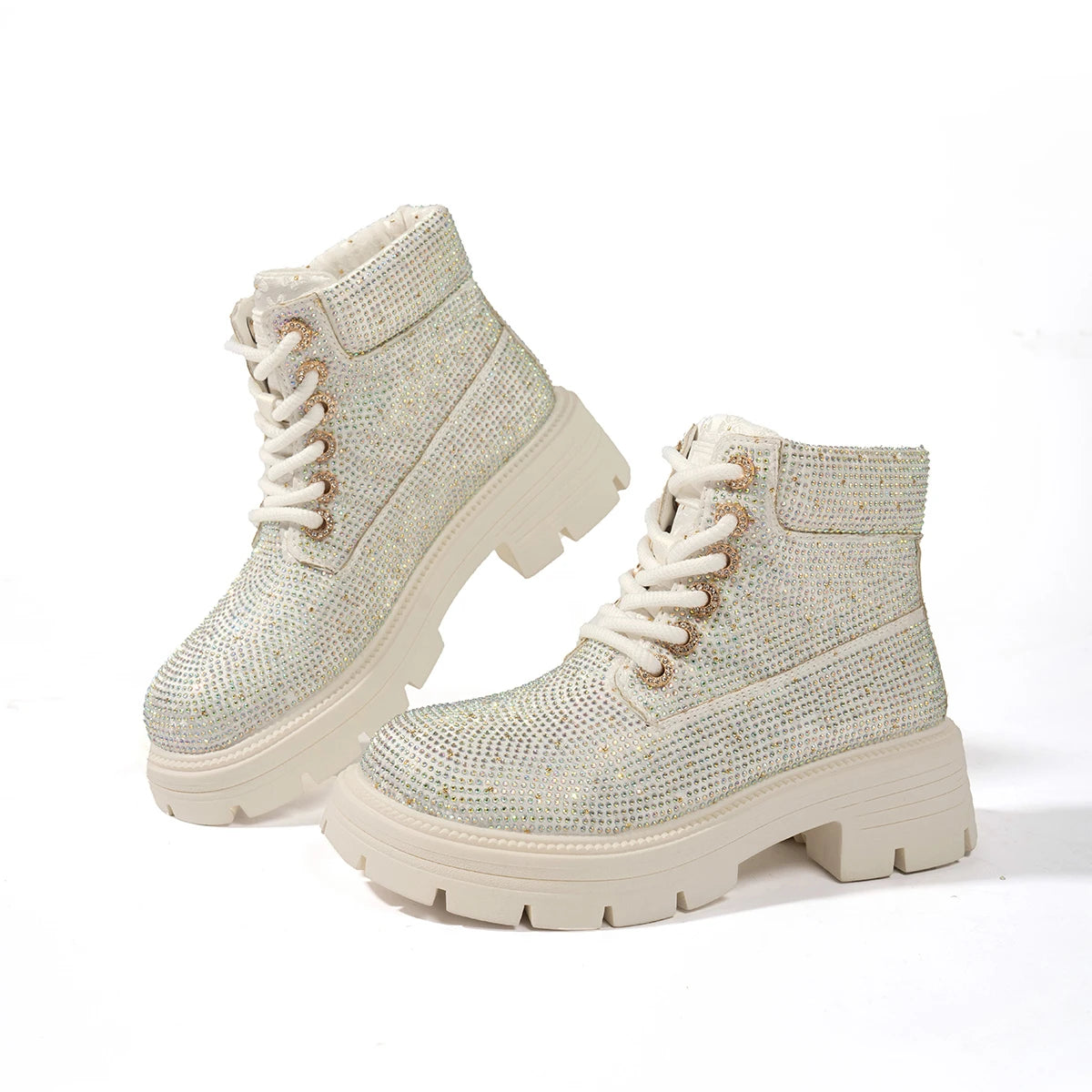 Stivaletti da Donna 2026 di Lusso con Strass e Lacci, Nuovi, Punta Tonda, Suola Spessa, Comodi, Stile Semplice, Scarpe Casual da Donna