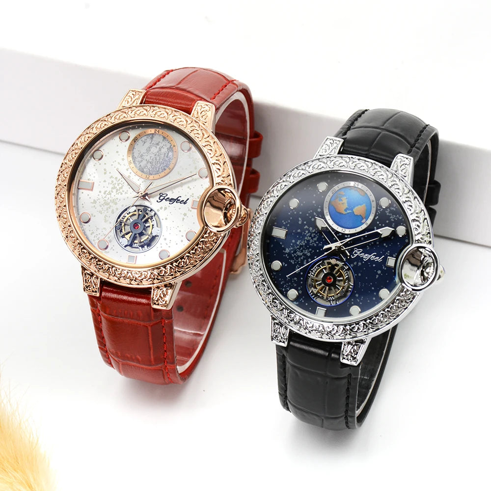 Orologio Unisex Luminoso con Cinturino in Vera Pelle e Incastonature di Diamanti