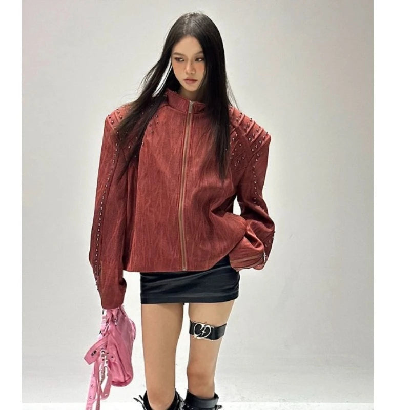 Giacca imbottita con spalle europee Spice Girls da donna Guochao Industria pesante Rivetto in metallo Colletto rialzato Abbigliamento da moto da uomo