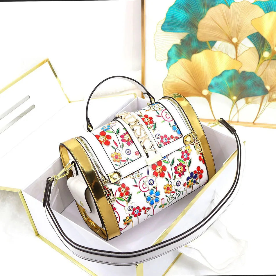 Borsa Boston da Donna con Stampa, Borsa a Spalla Grande Capacità, Borsa a Tracolla con Doppia Cerniera, Stile Mezza Copertura, Borsa con Manico Superiore