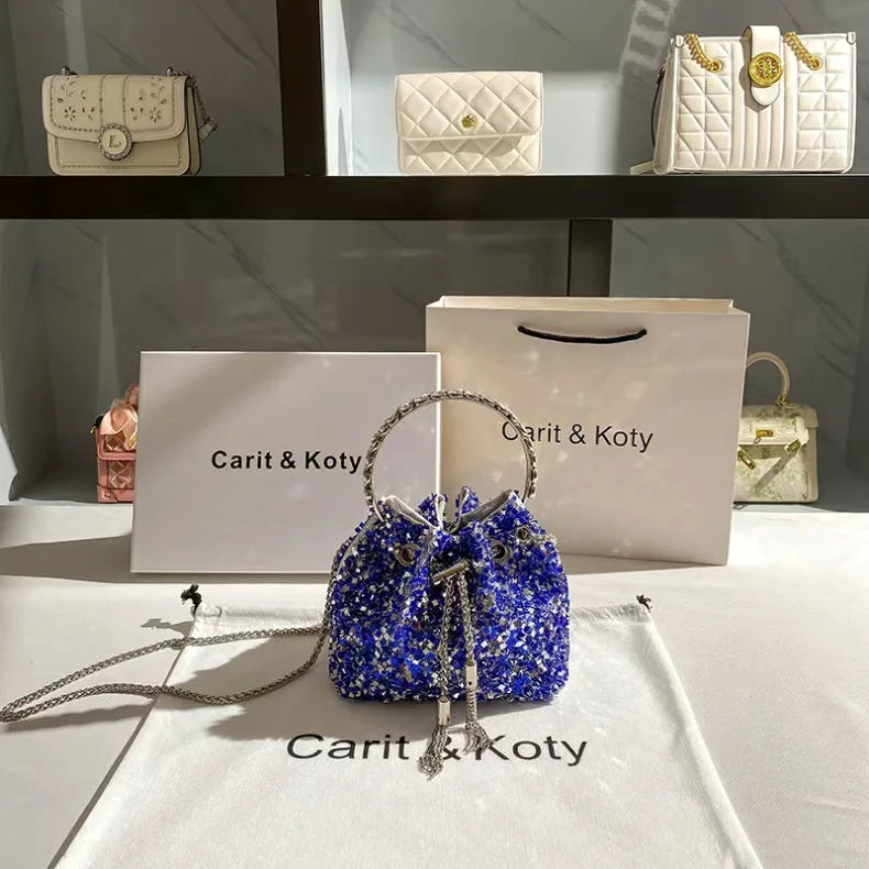 Borsa a mano da donna di lusso in metallo con paillettes scintillanti, pochette da sera, borsa a secchiello per feste di matrimonio, borsa a tracolla messenger