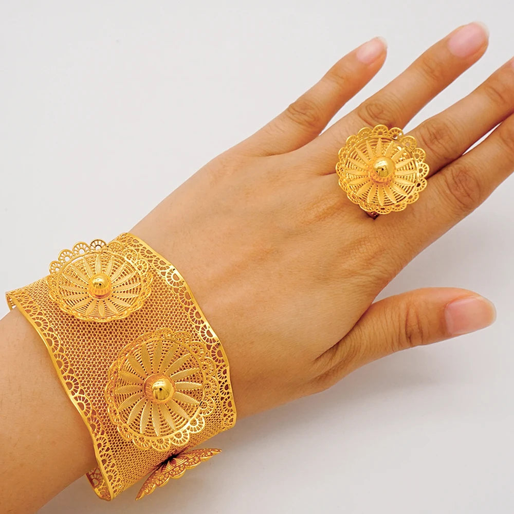 Bracciale color oro Dubai con anello per donna Bracciale con polsino a catena con ciondoli Bracciale indiano Arabo Francia Regali di gioielli da sposa