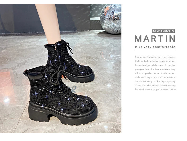 Stivaletti corti con diamanti con paillettes Donna Autunno Inverno Moda di lusso Stivali alti con tacco spesso Stivali stringati Scarpe casual da festa all'aperto