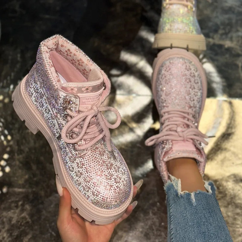 Stivaletti retrò Autunno Inverno Nuove scarpe da donna con plateau e punta tonda con lacci e strass