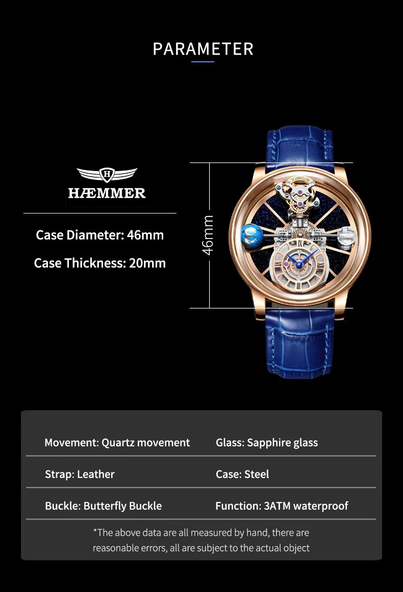 2024 HAEMMER Astronomia Orologio da uomo Custodia trasparente Design Orologio al quarzo in pelle da uomo Regolazione del tempo Jacob Relogio Impermeabile