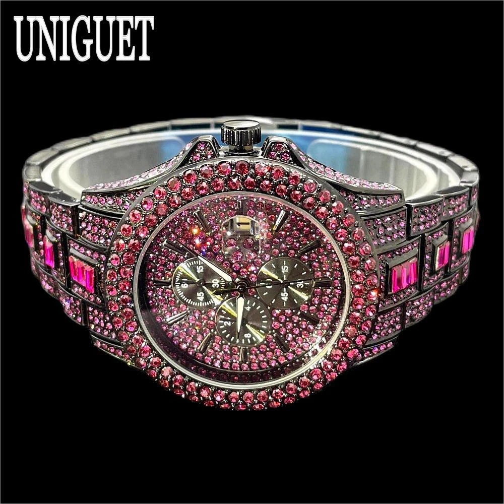 Vendita calda orologio rosso ghiaccio per uomo marchio di moda UNIGUET Hip Hop pieno di diamanti gioielli in acciaio inossidabile di lusso orologio da polso al quarzo uomo