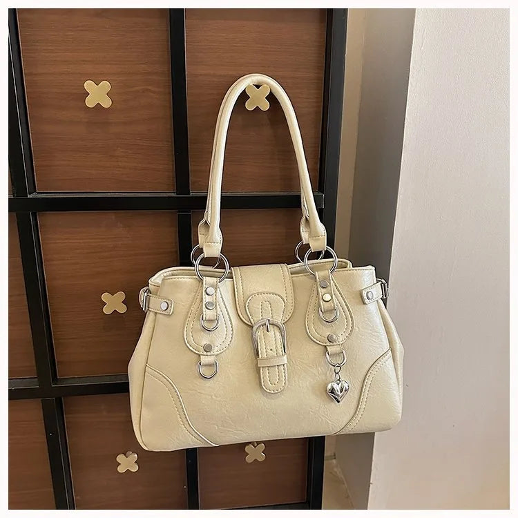 Borsa a Tracolla alla Moda Nuovo Stile 2026, Borsa a Mano Semplice per il Pendolarismo, Versatile con Elementi Rivetto Tinta Unita, Stile Coreano