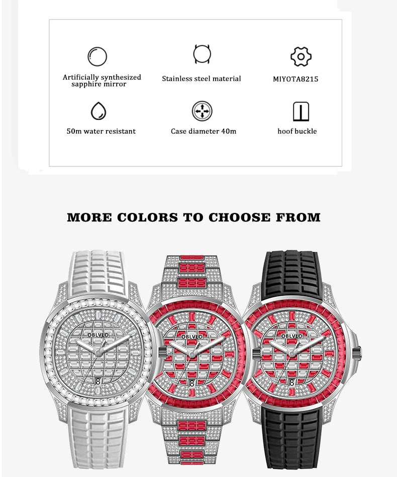 Orologio Quadrato di Lusso da Uomo OBLVLO con Movimento Meccanico Automatico, Diamanti Rosa, Cinturino in Silicone, Impermeabile FM-DSL