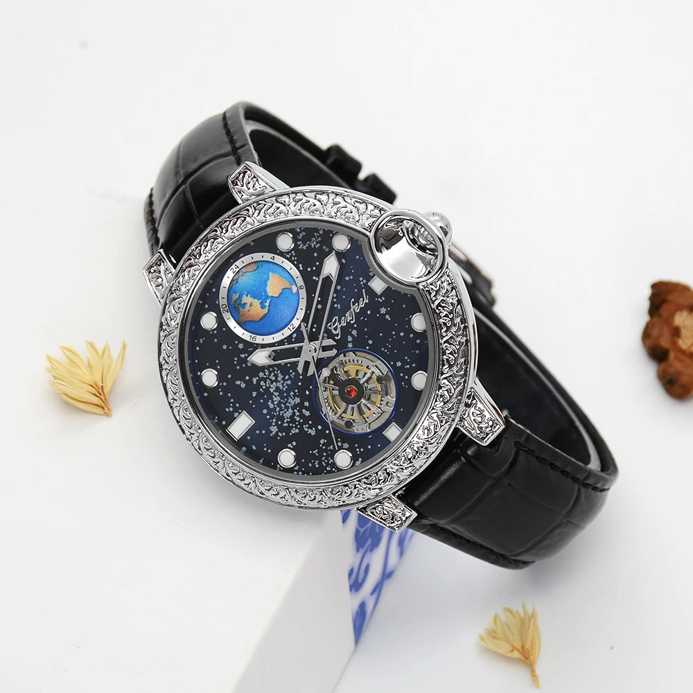 Orologio Unisex Luminoso con Cinturino in Vera Pelle e Incastonature di Diamanti