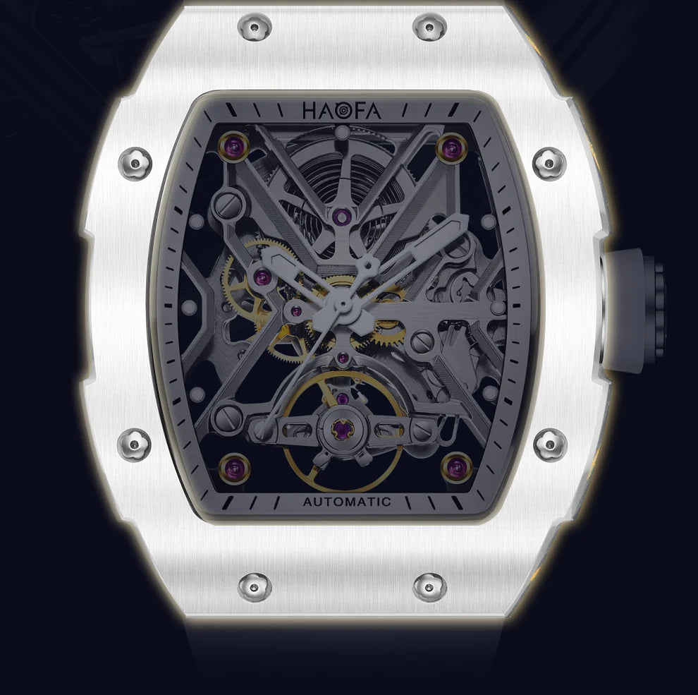 Haofa Orologio meccanico automatico scheletrato per uomo Lunetta in ceramica Zaffiro Luminoso Orologio sportivo da uomo con carica automatica impermeabile 1988